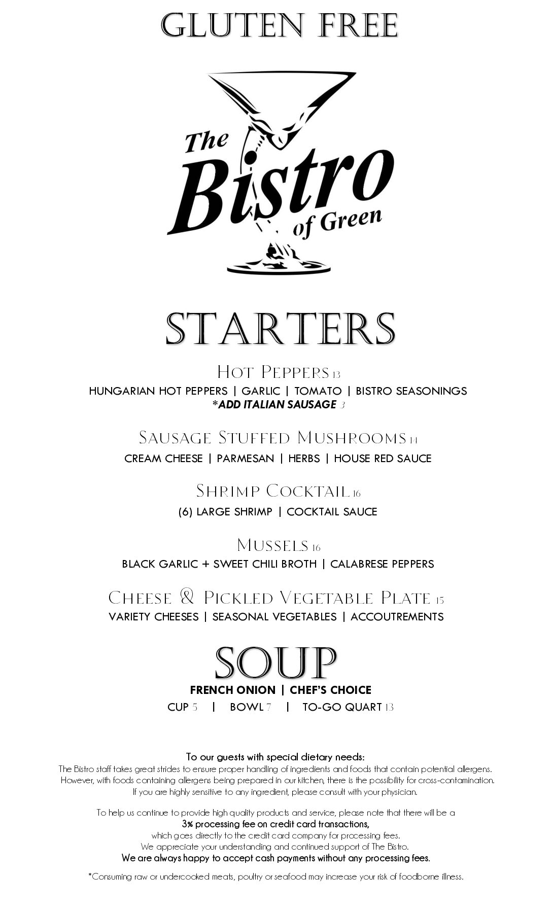 Bistro GREEN Dinner Menu GLUTEN FREE 1